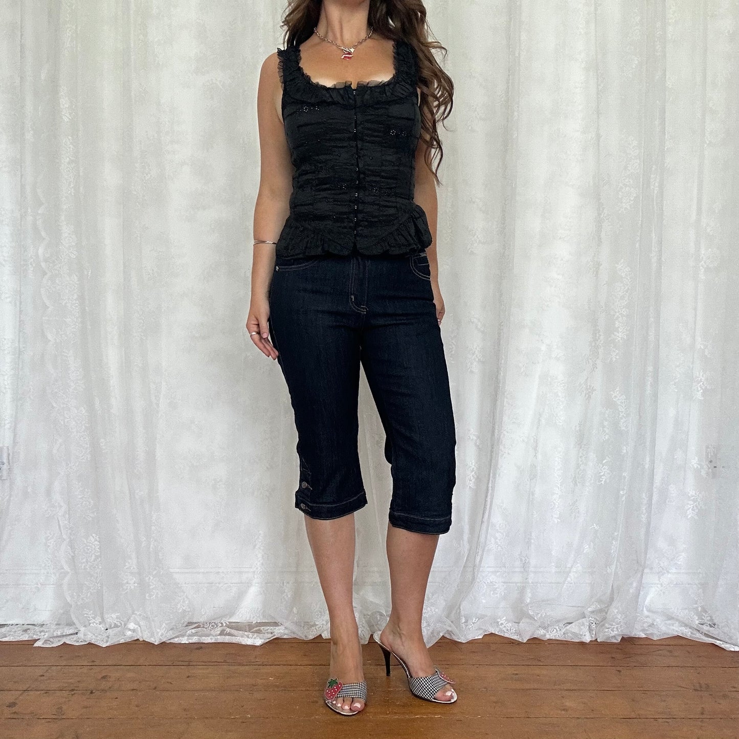 vintage 00s black broderie hook and eye top