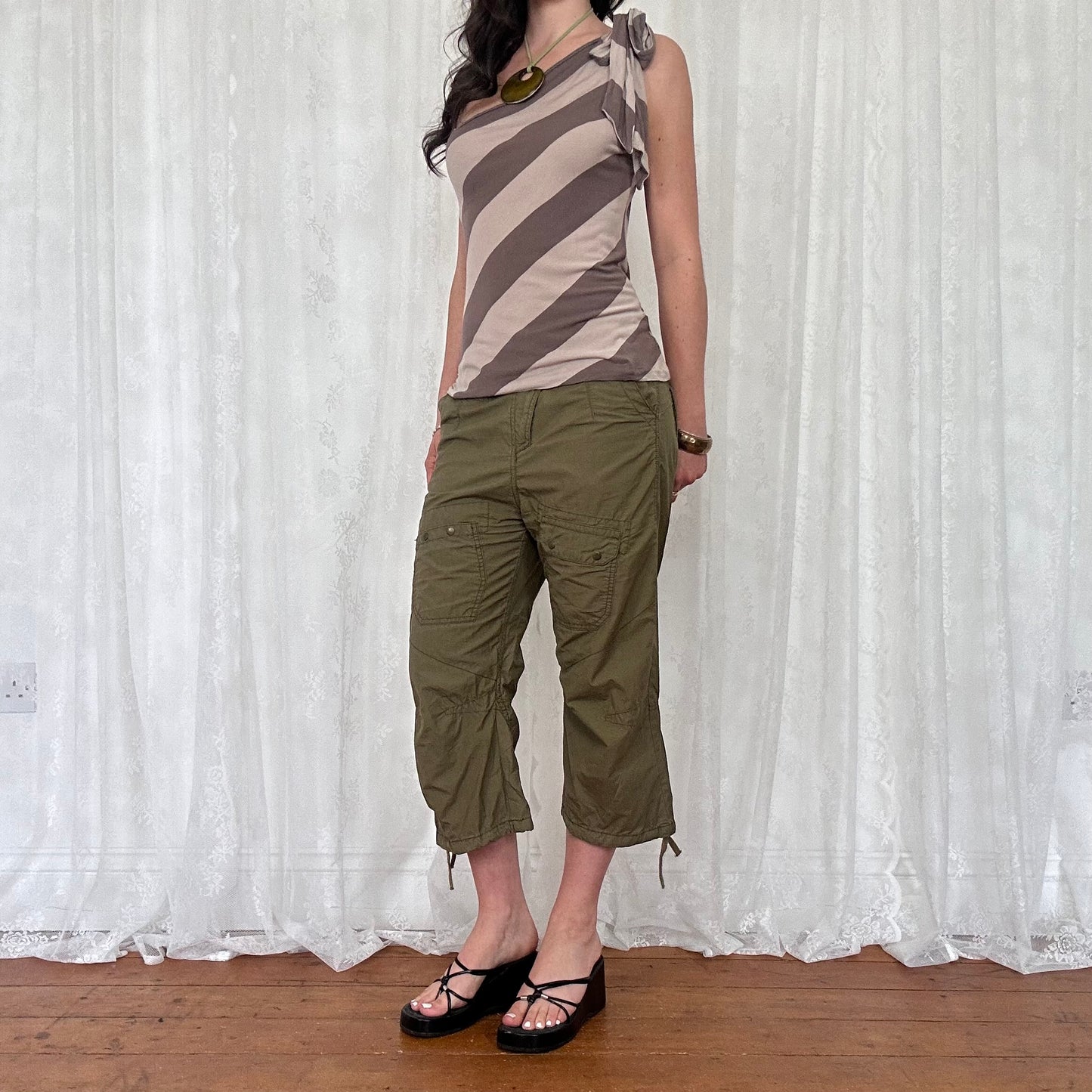 vintage 00s brown striped one shoulder top