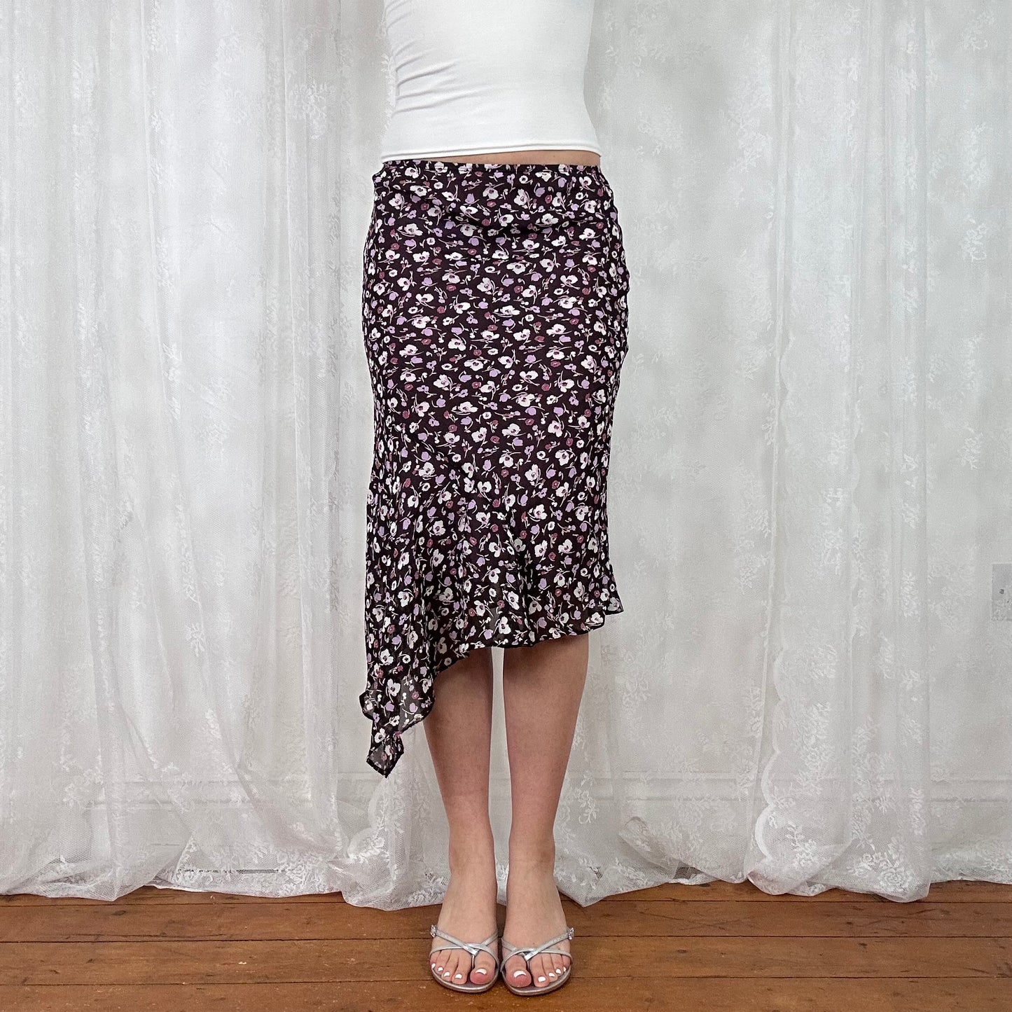 vintage 00s purple floral asymmetrical midi skirt