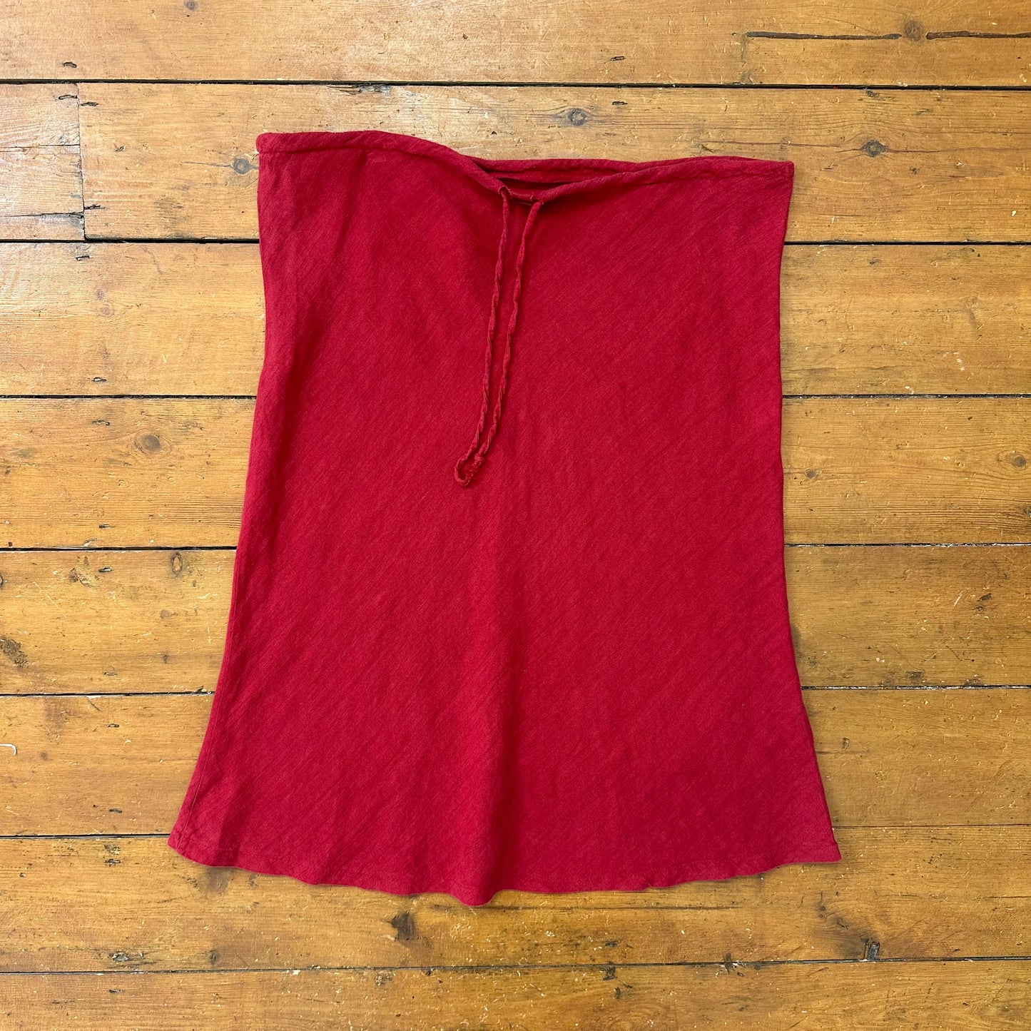 vintage 00s red linen drawstring waist midi skirt