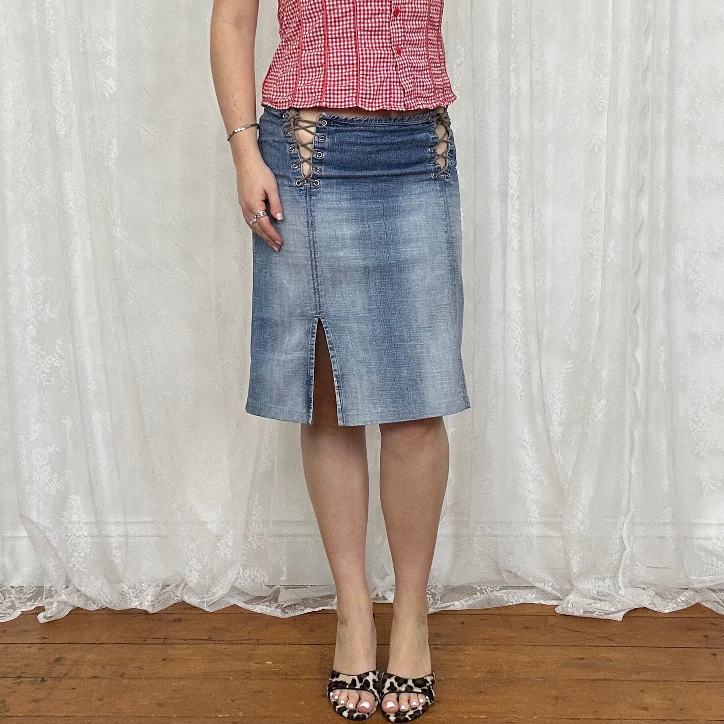 vintage 00s denim midi skirt with corset tie up sides