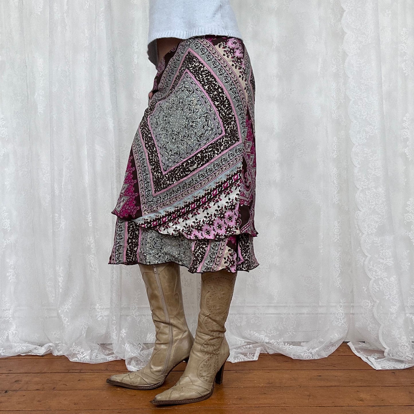 vintage 00s brown and purple paisley print midi skirt