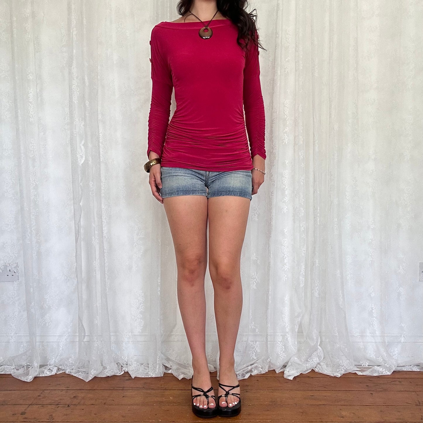 vintage 00s hot pink slouchy ruched top with button details