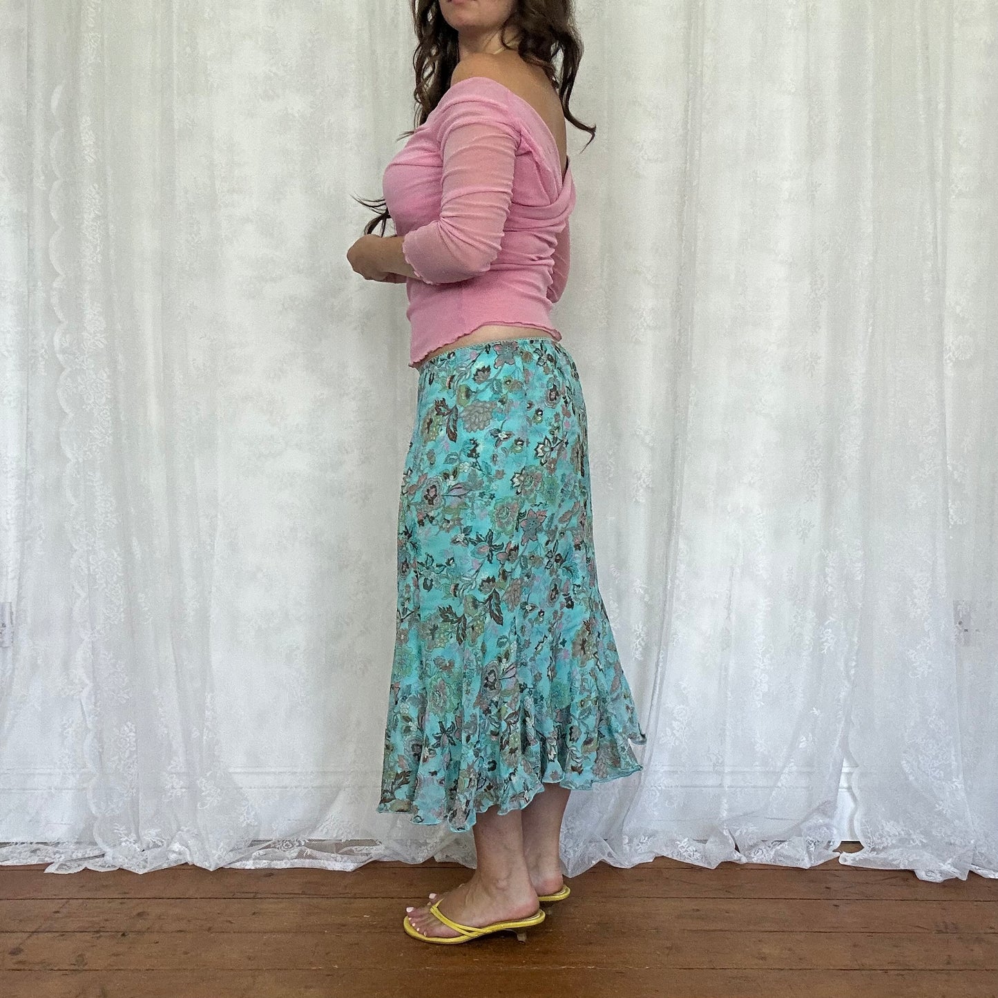 vintage 00s aqua blue floral midi skirt
