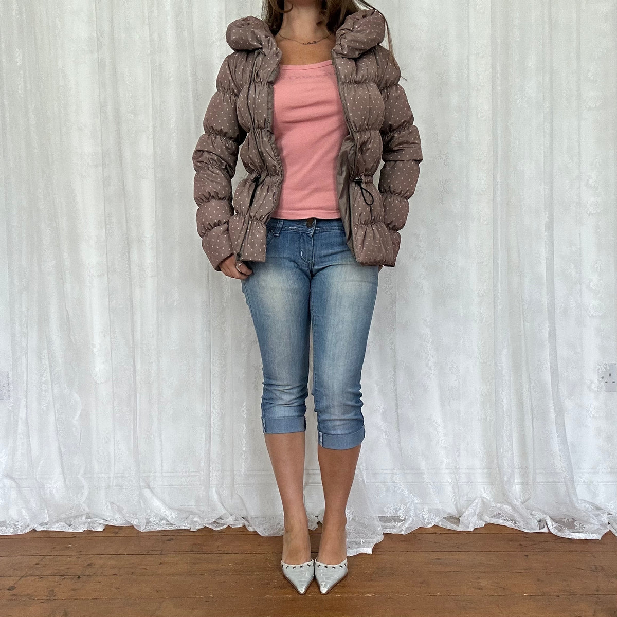 vintage 00s brown and pink polka dot puffer jacket