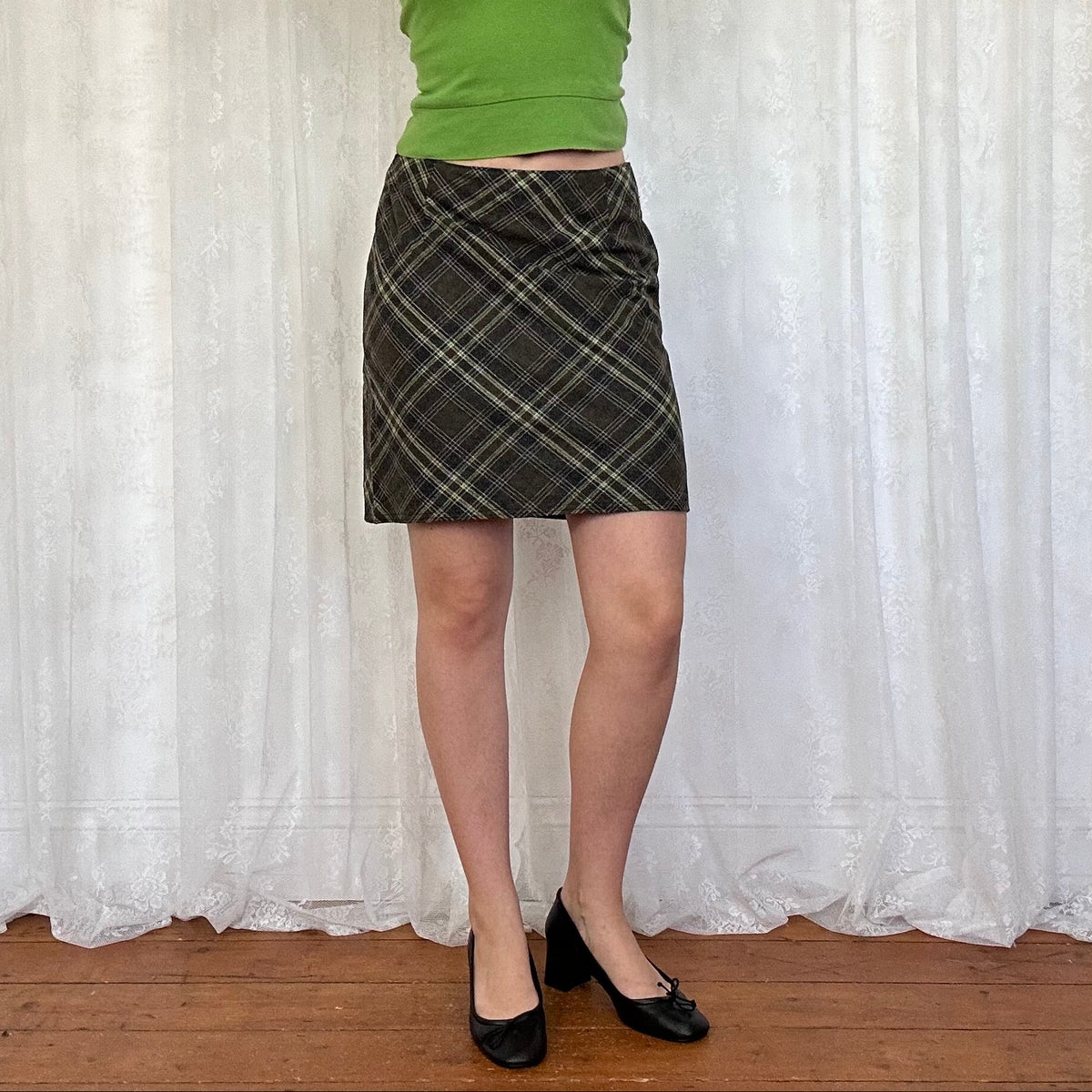 vintage 00s khaki checkered midi skirt