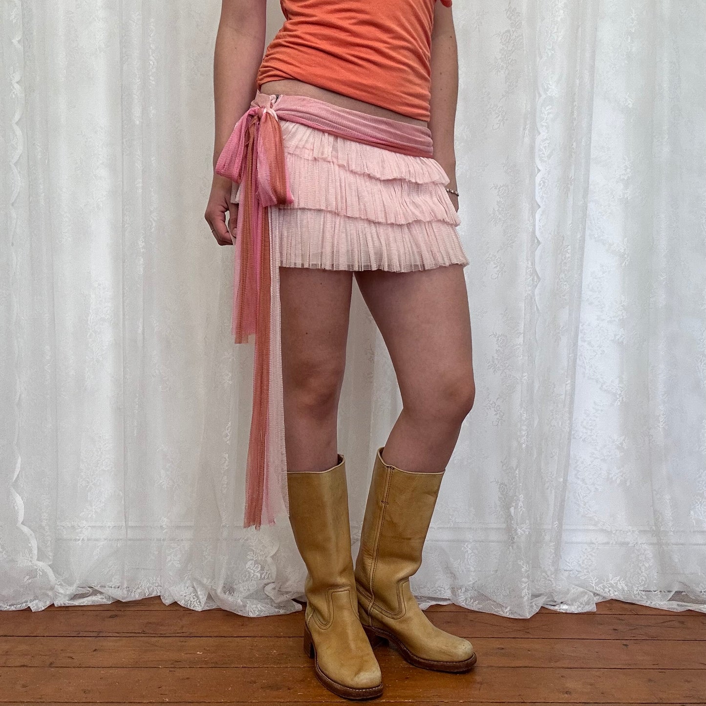 vintage 00s pink silk ruffle mini skirt with tie up belt