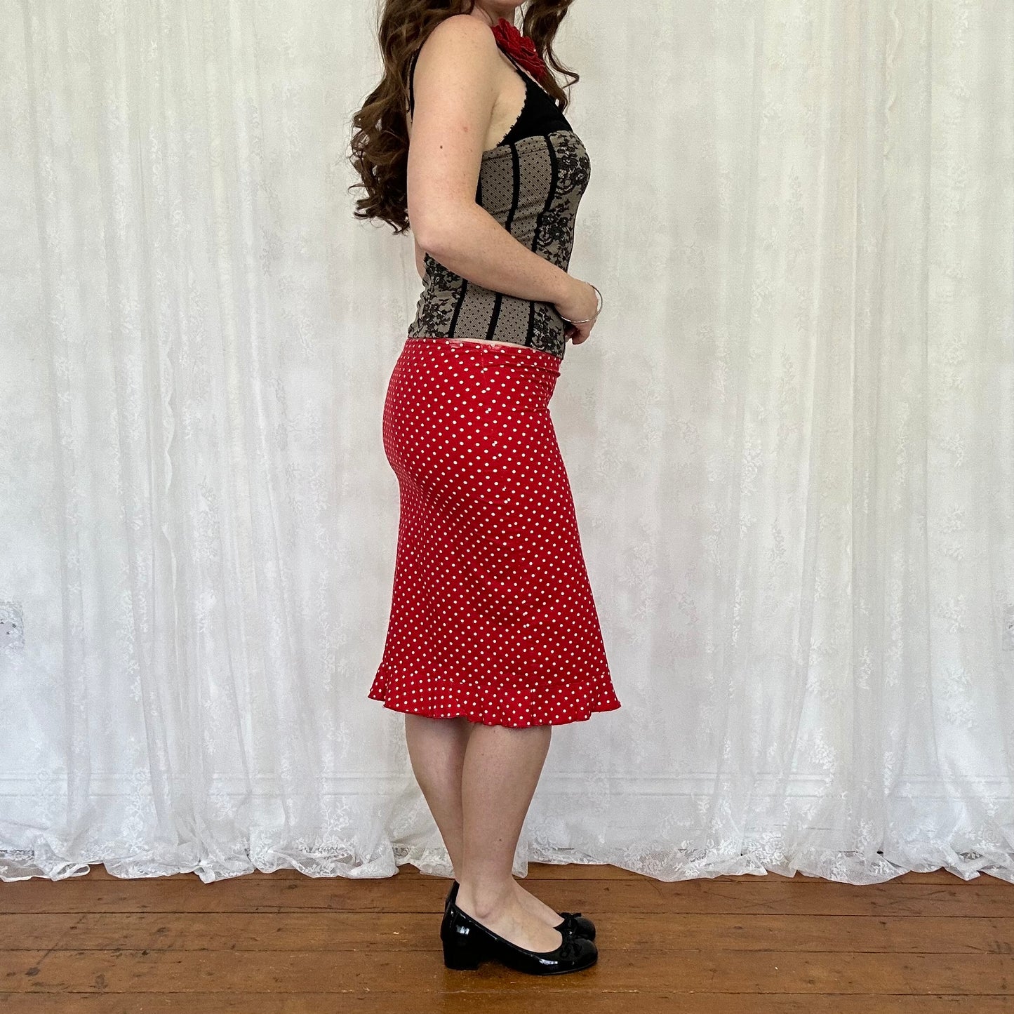 vintage 00s red polka dot midi skirt