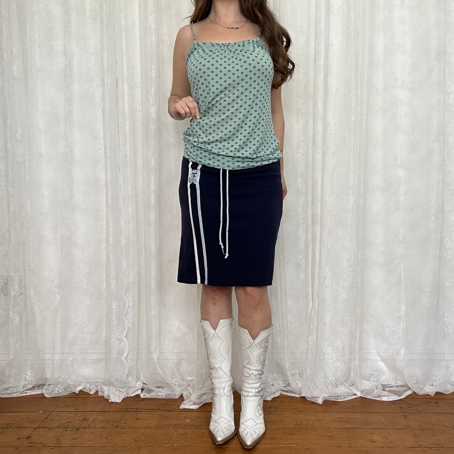 vintage 00s blue polka dot ruched cami top