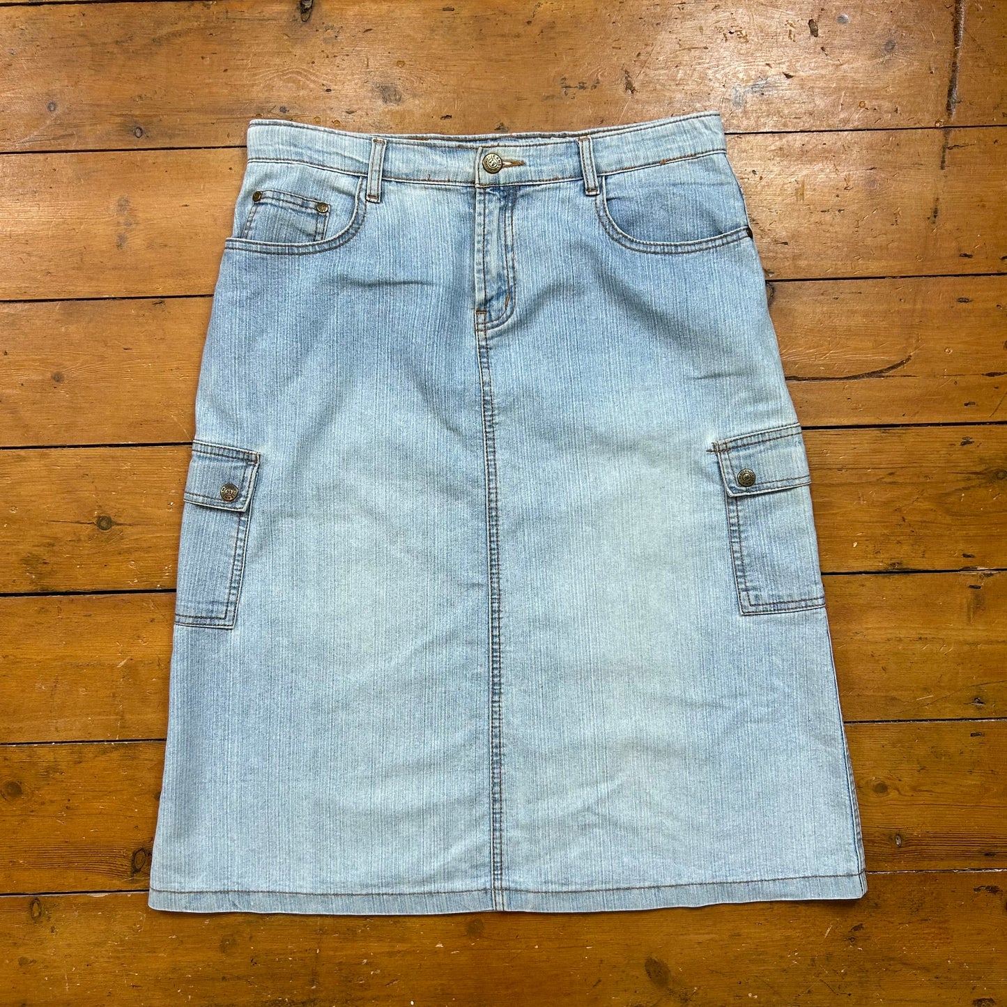 vintage 00s light wash denim midi skirt