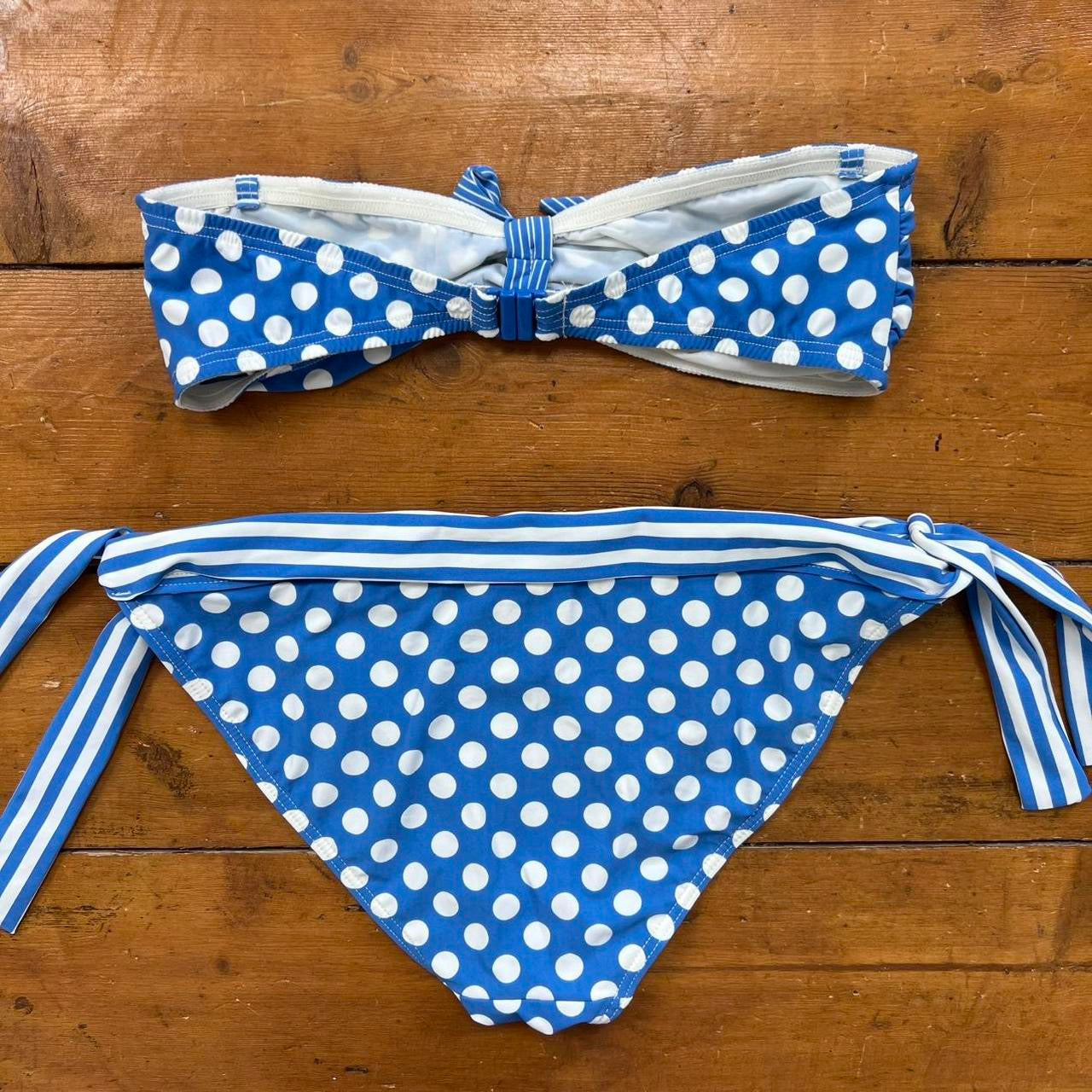 vintage 00s blue polka dot strapless bikini set