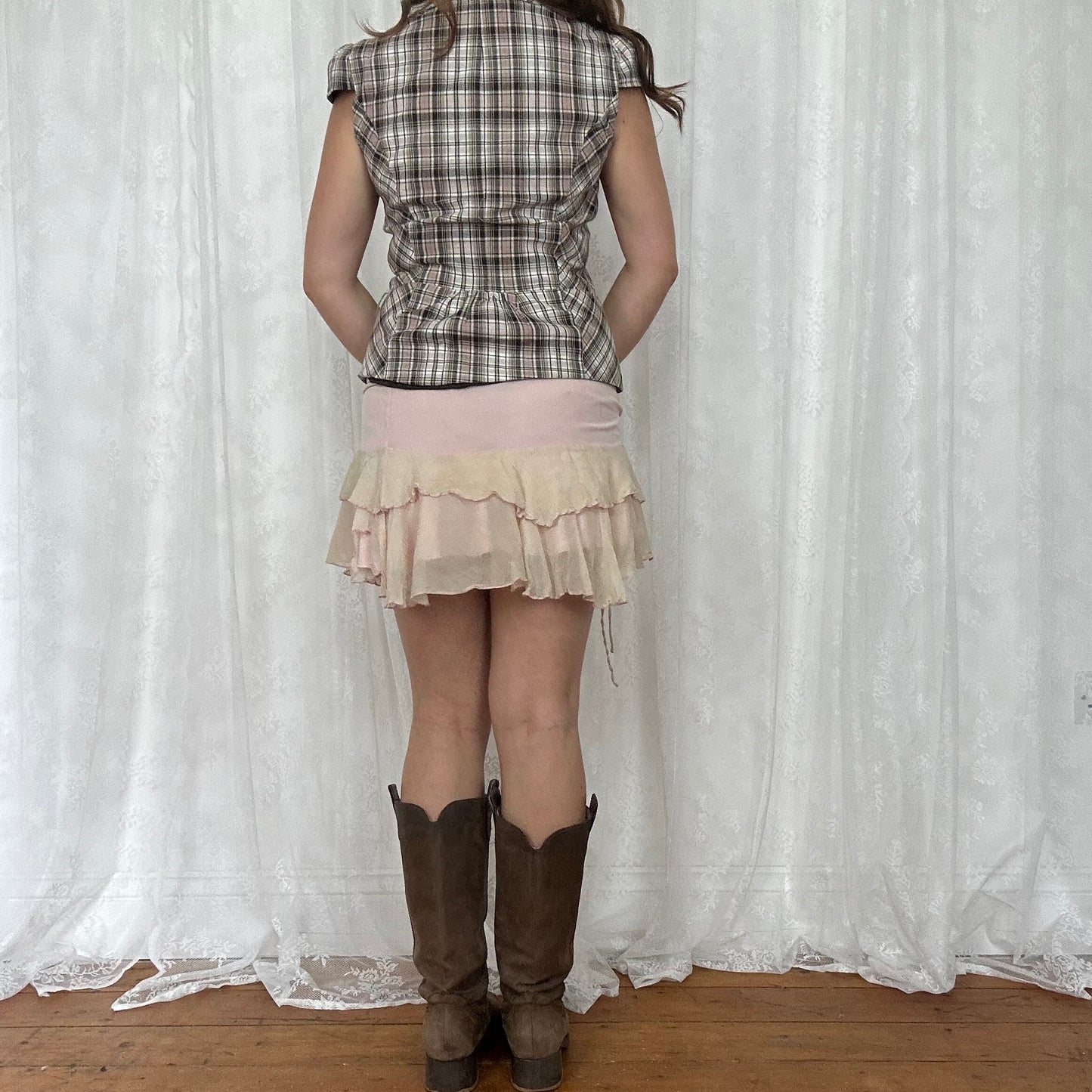 vintage 00s brown checkered short sleeve peacoat