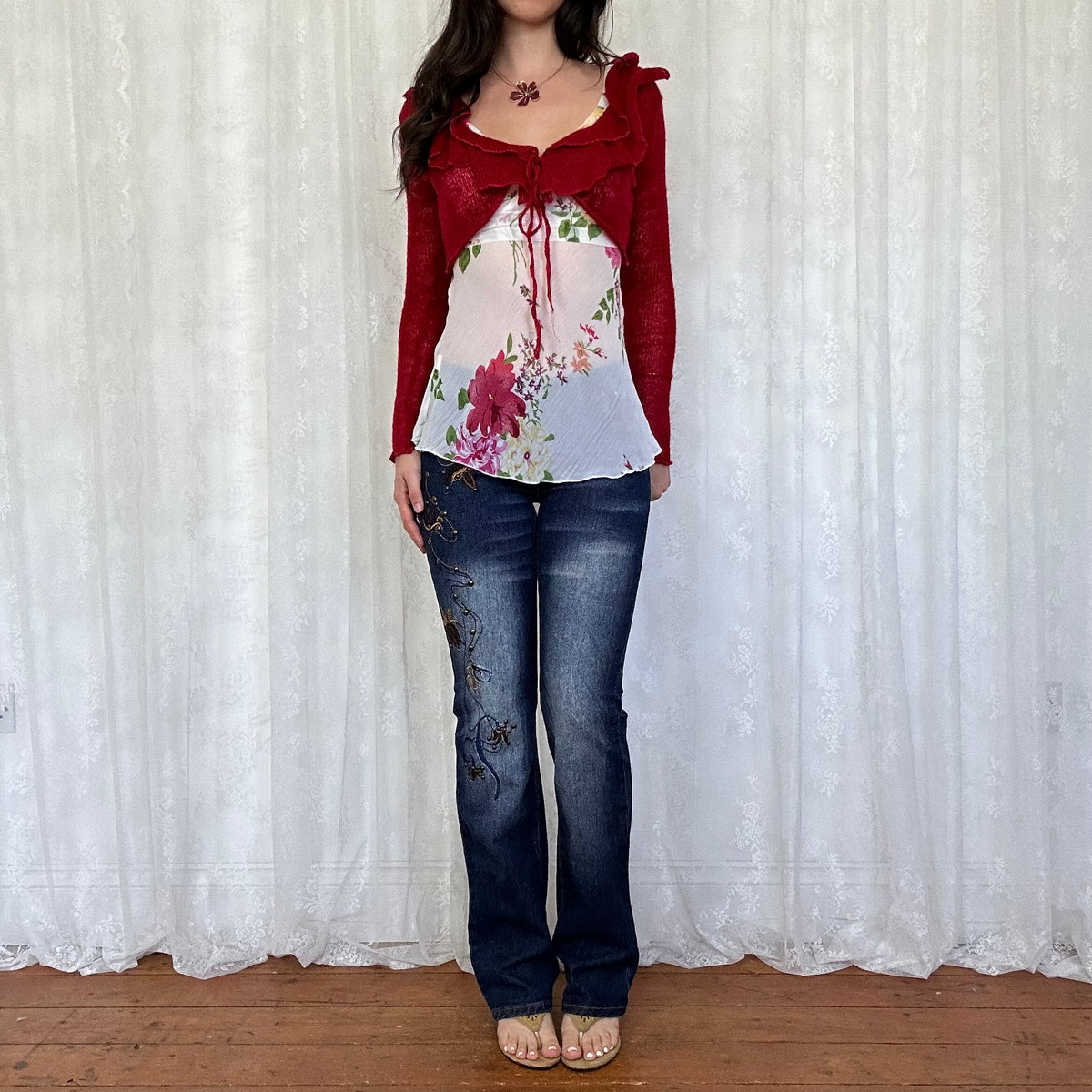 vintage 00s red ruffle tie up bolero