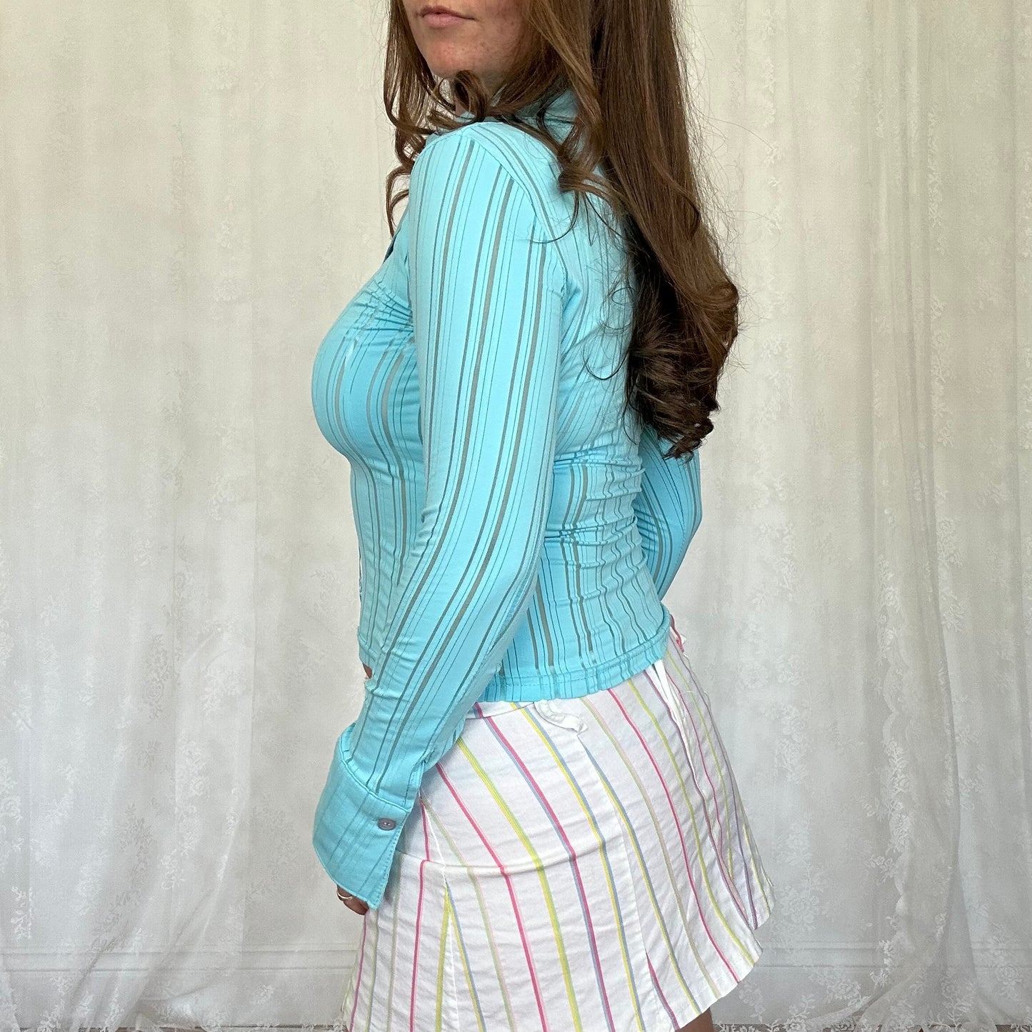 vintage 00s blue collared long sleeve corset tie front top