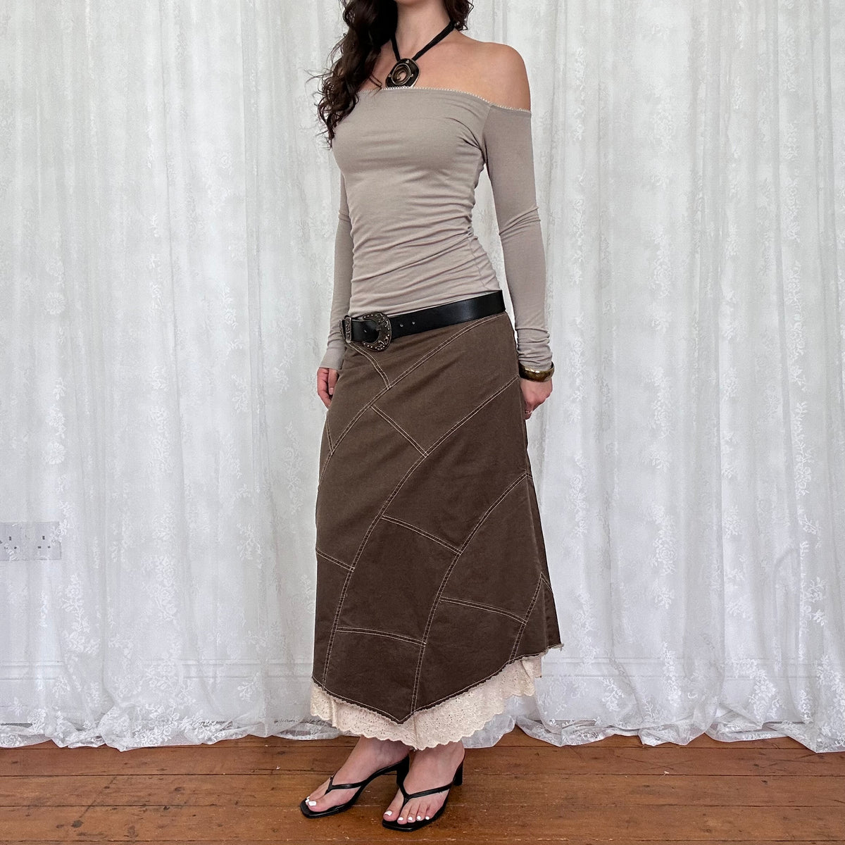 vintage 00s brown long sleeve off shoulder top