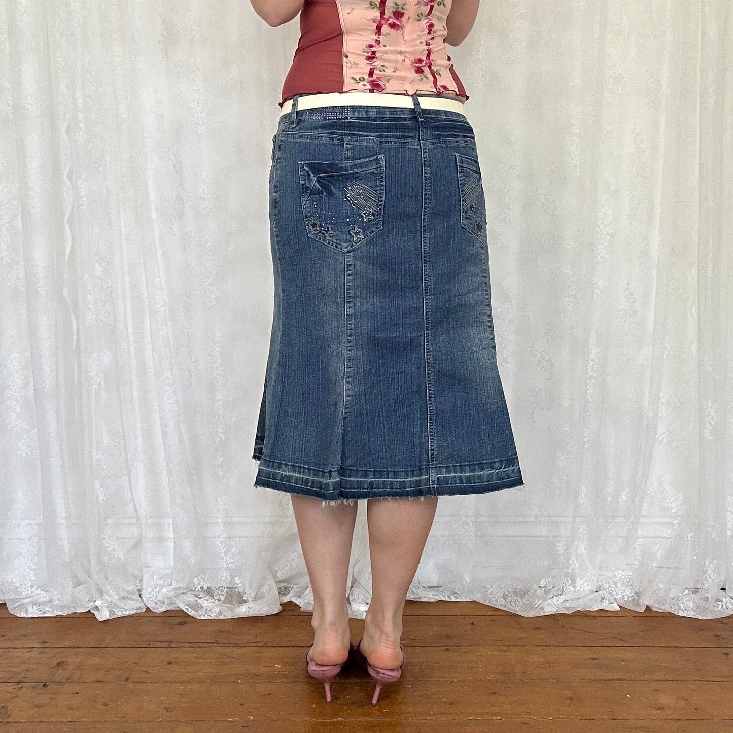 vintage 00s rhinestone detail denim midi skirt