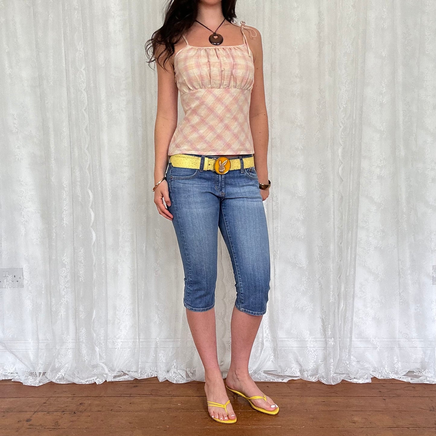 vintage 00s cream and pink checkered cami