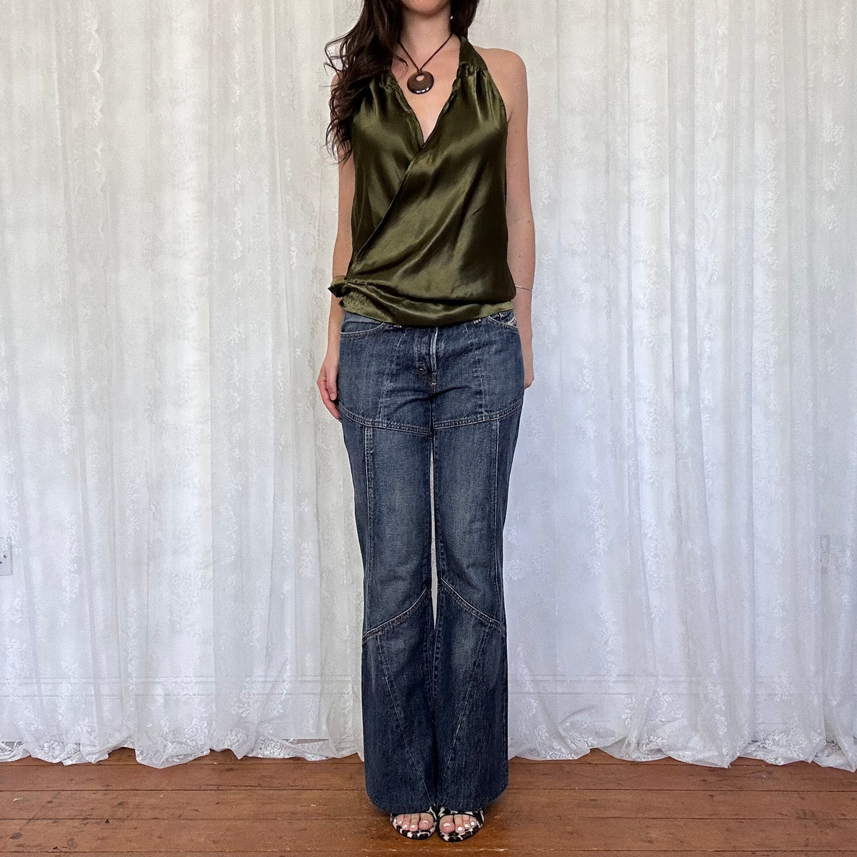 vintage 00s olive green satin halter top