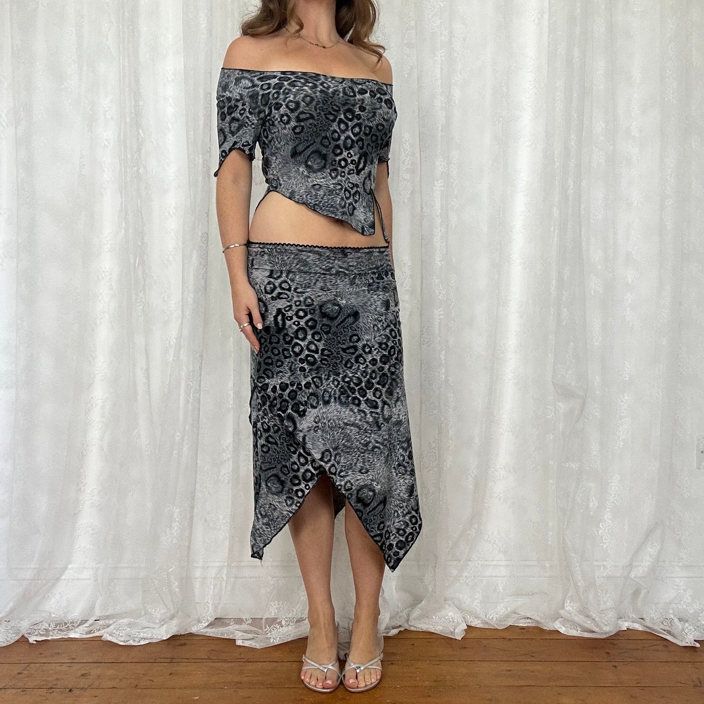 vintage 00s grey animal print asymmetrical top and skirt co ord