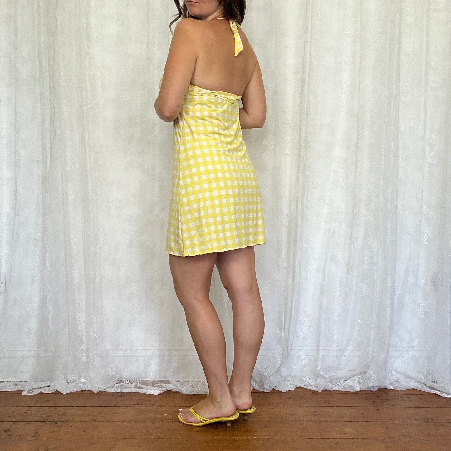 vintage 00s yellow gingham halter dress