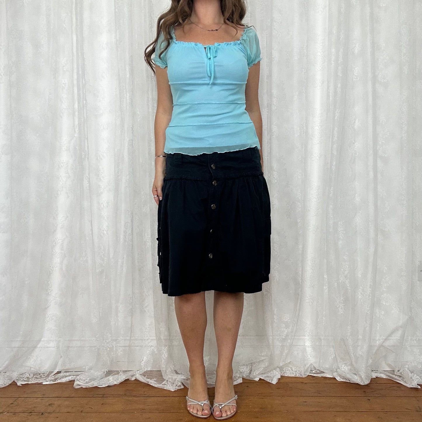 vintage 00s baby blue mesh milkmaid style top