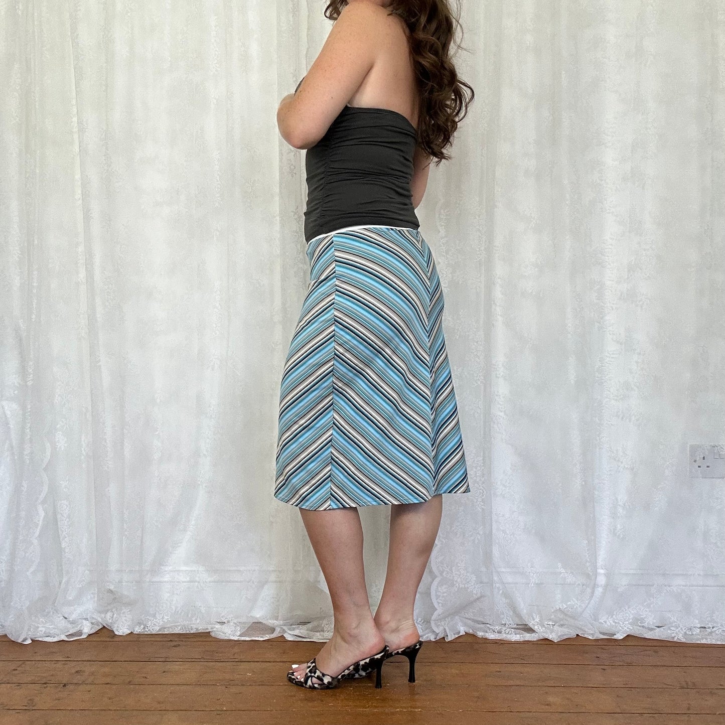 vintage 00s blue and brown striped midi skirt