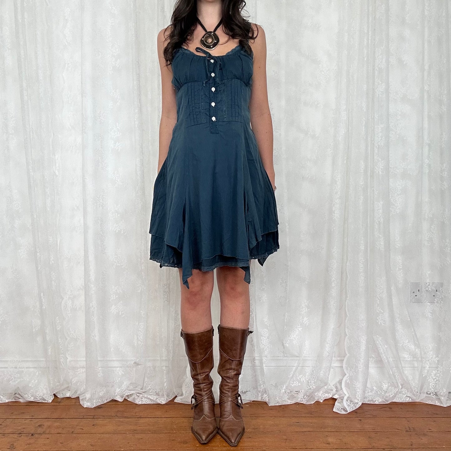 vintage 00s ink blue broderie midi dress