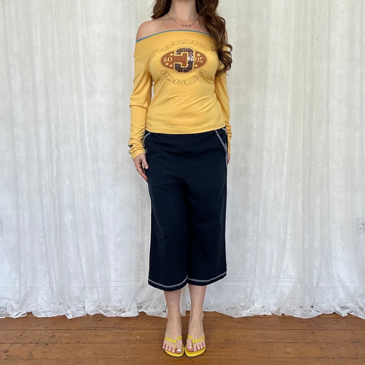 vintage 00s mustard yellow sequin varsity graphic top