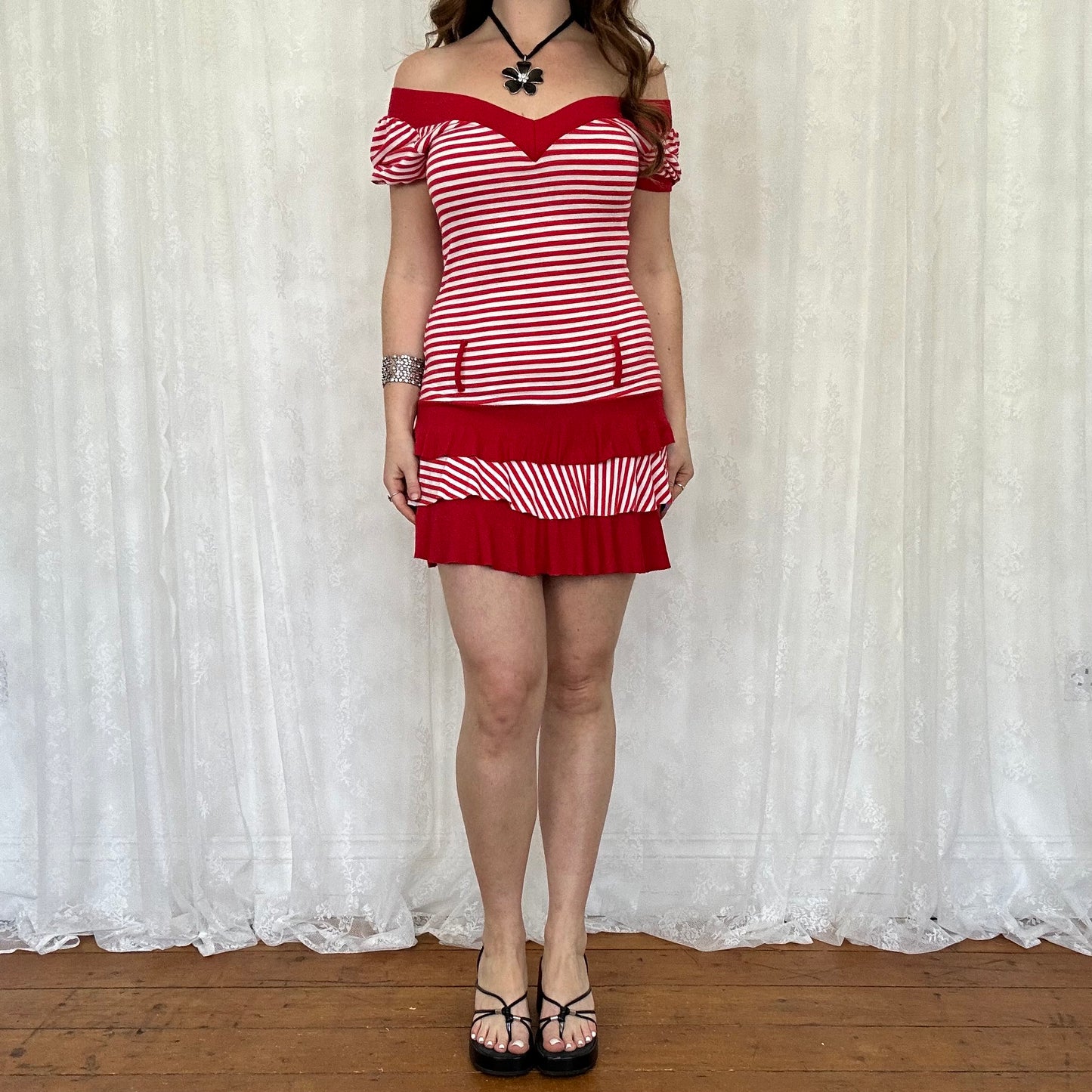 vintage 00s red and white striped rara mini dress
