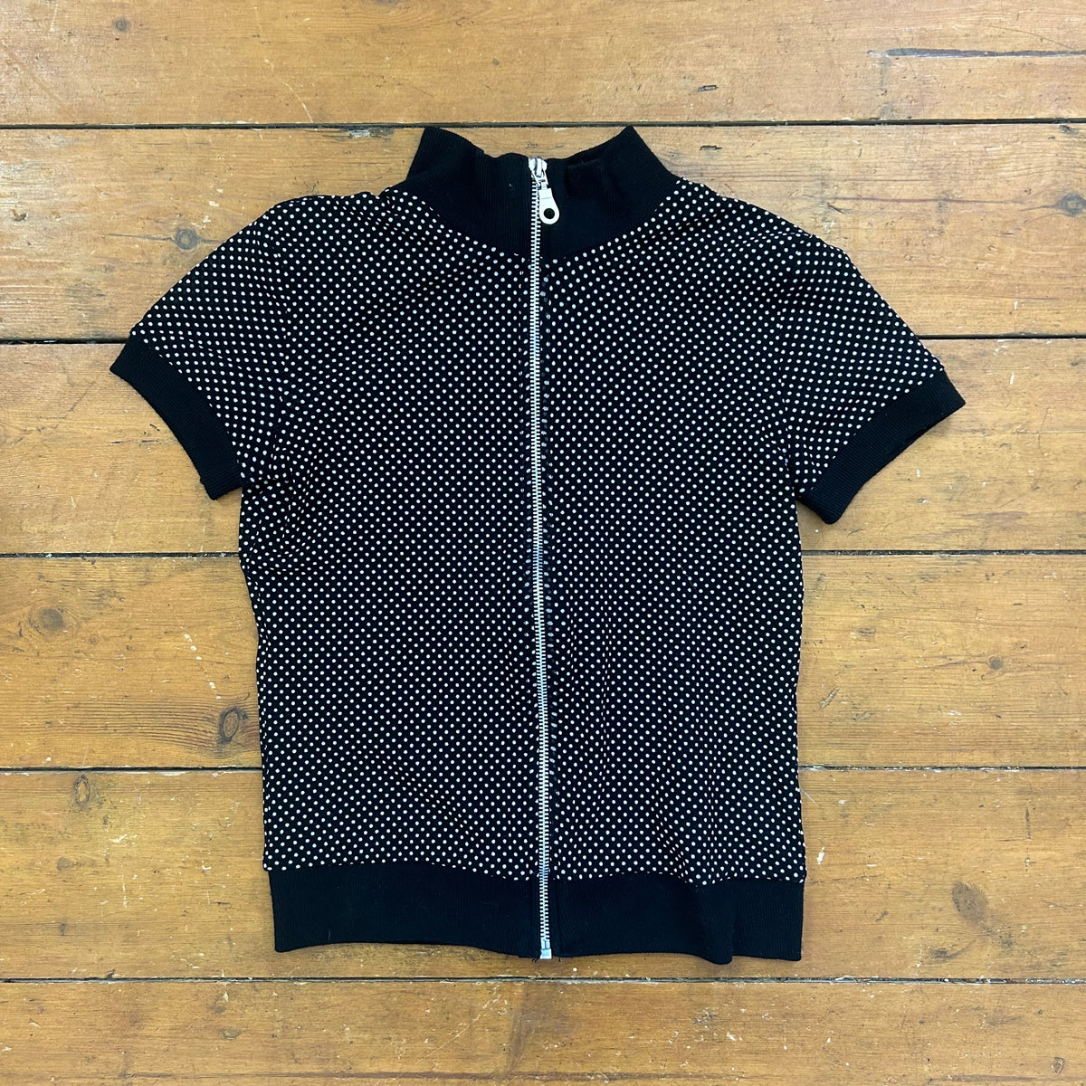 vintage 00s black polka dot zip up mesh top