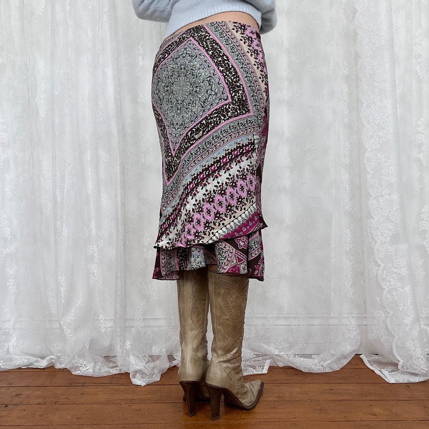 vintage 00s brown and purple paisley print midi skirt