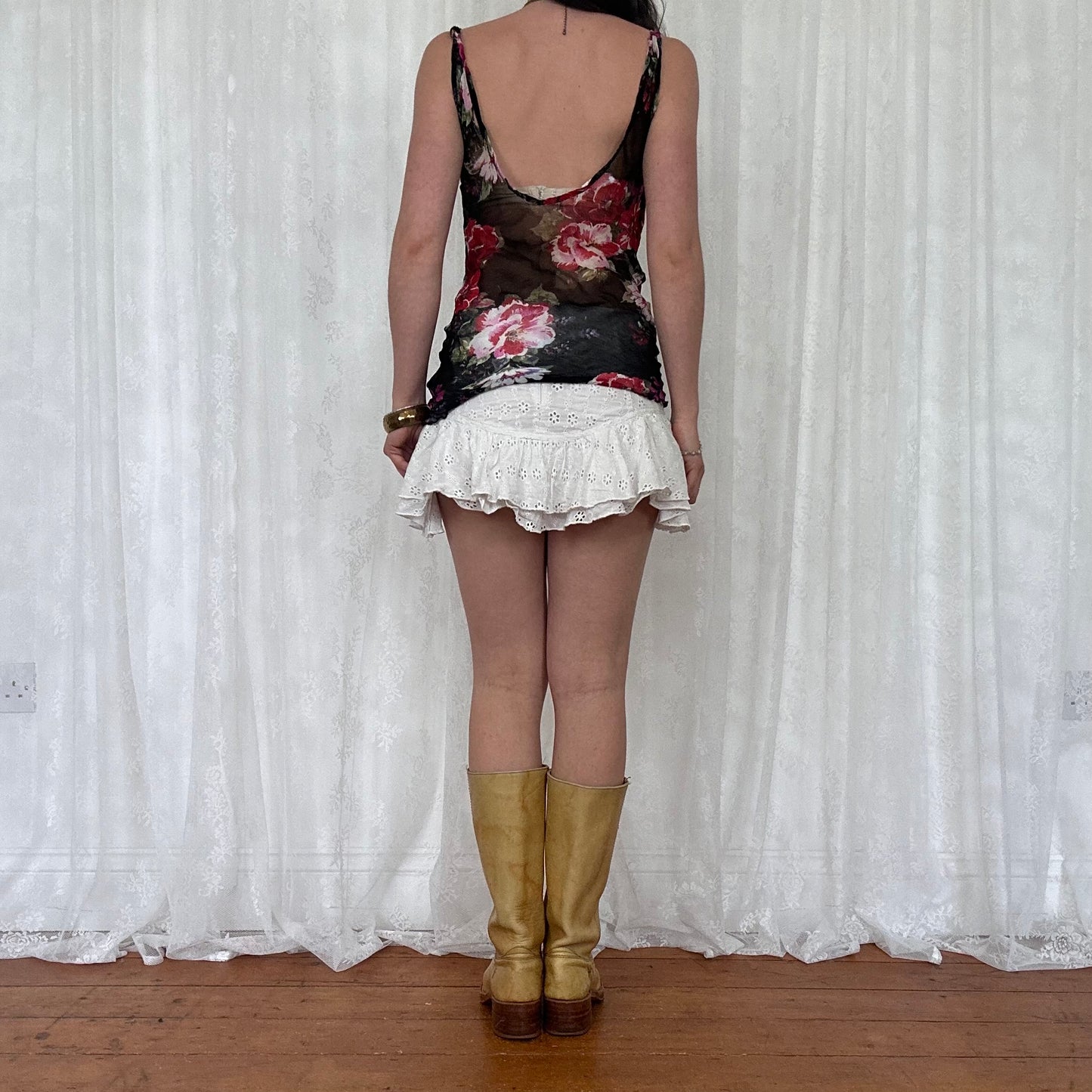 vintage 00s black and red floral cowl neck cami