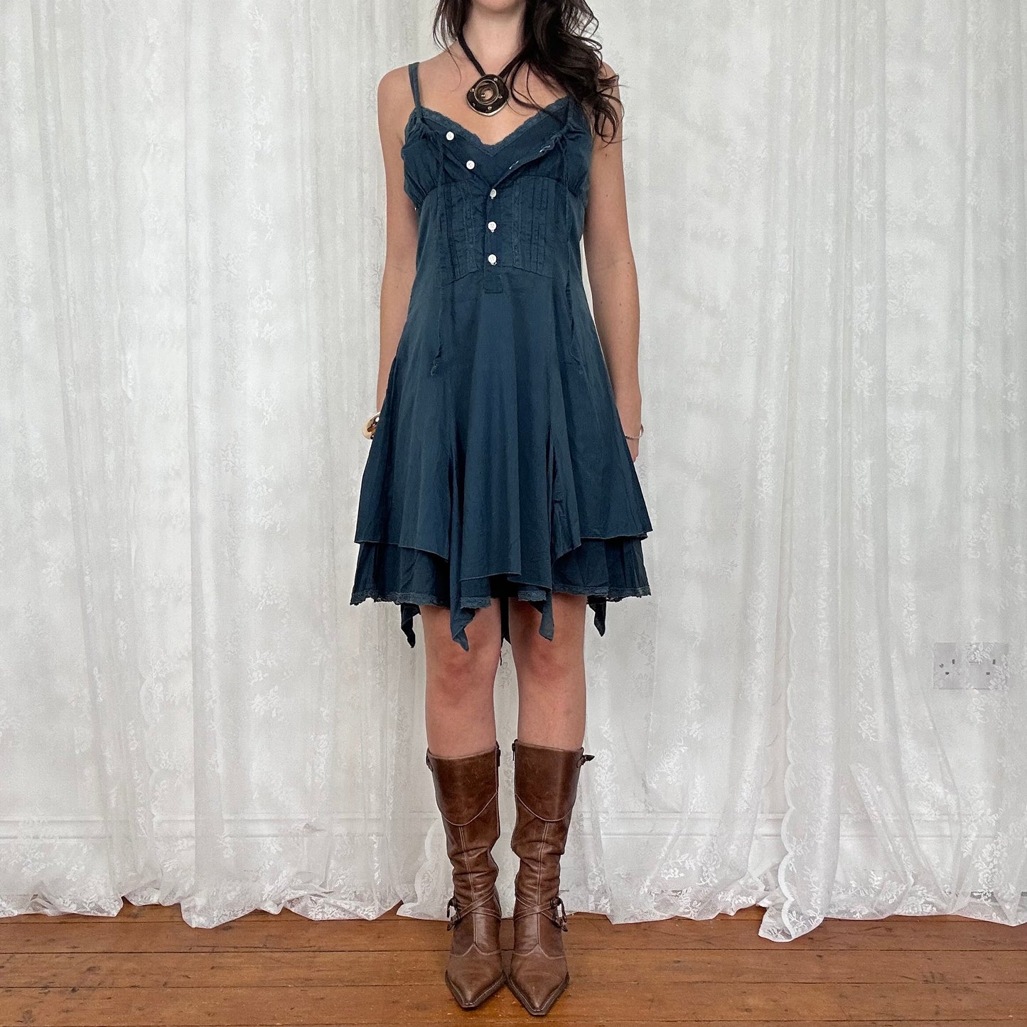 vintage 00s ink blue broderie midi dress