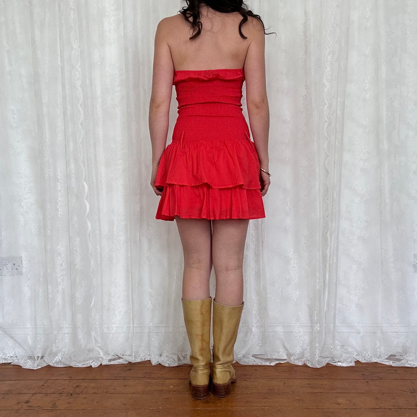 vintage 00s red strapless shirred ruffle mini dress