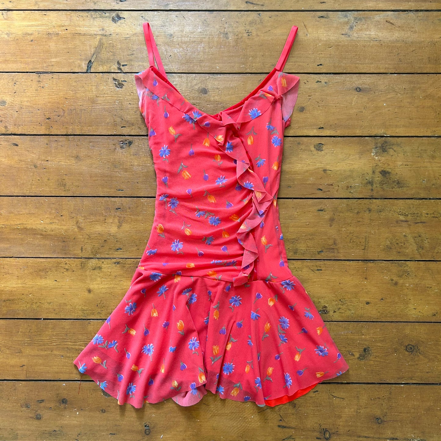 vintage 00s red floral mesh mini dress