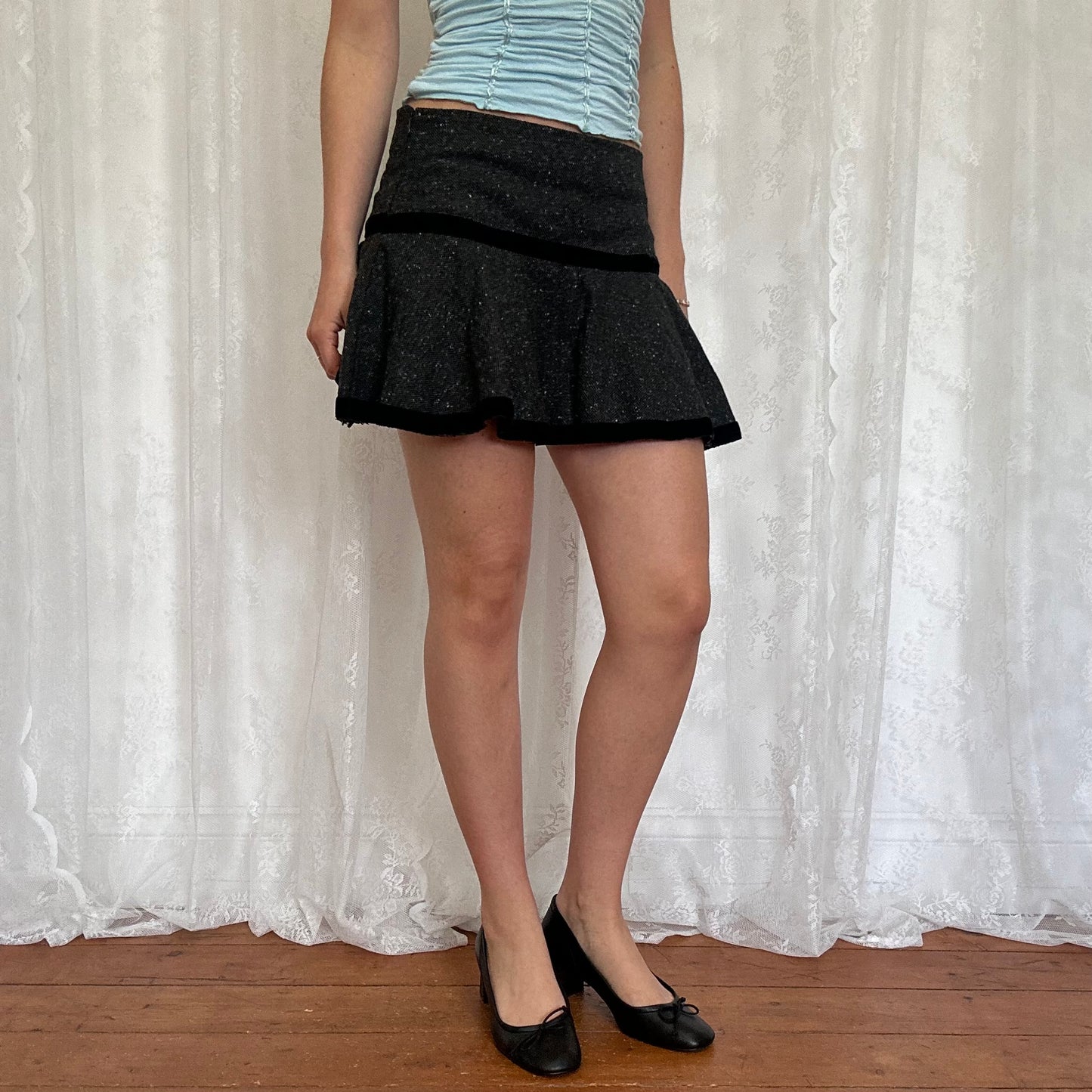 vintage 00s grey tweed office siren mini skirt