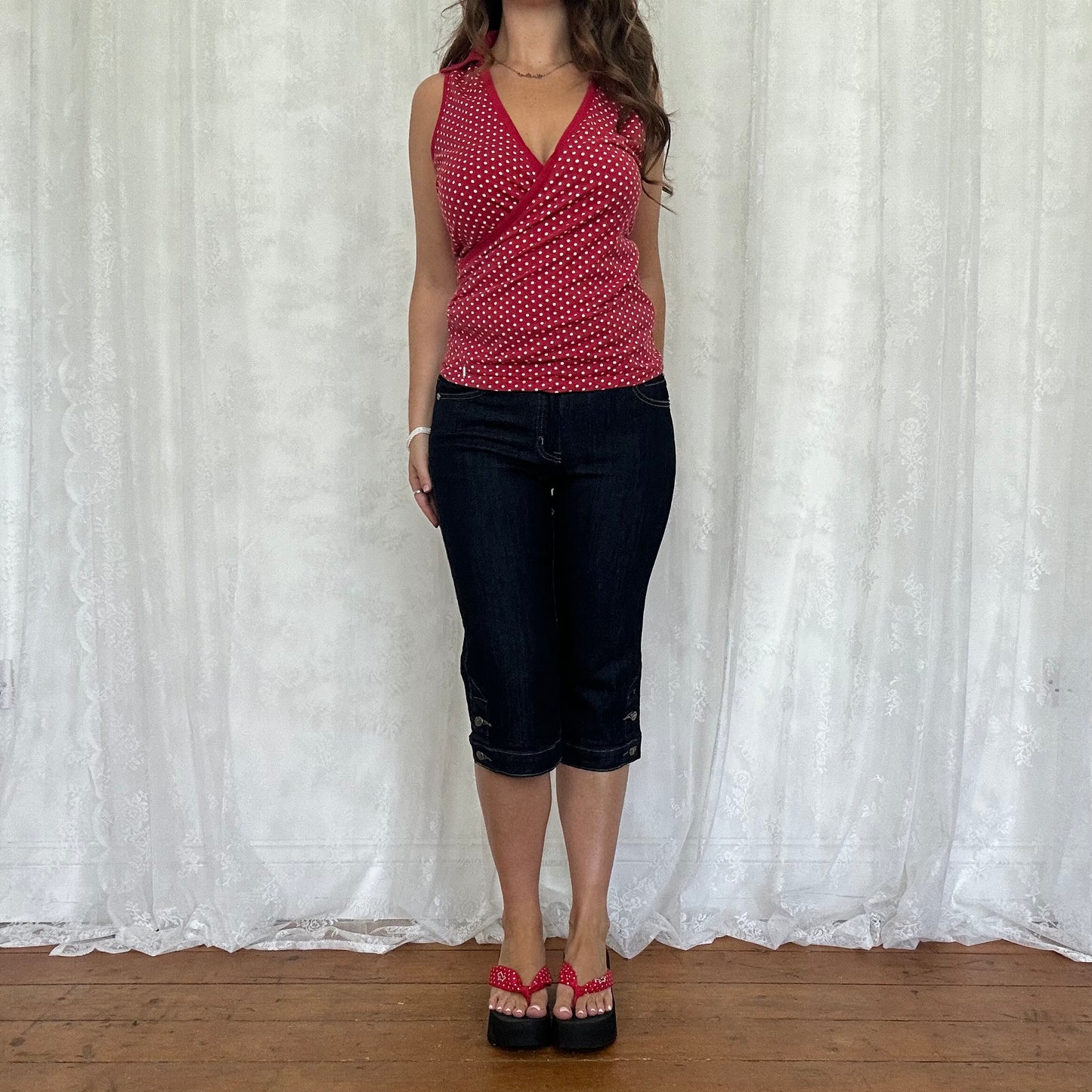 vintage 00s red polka dot collared top