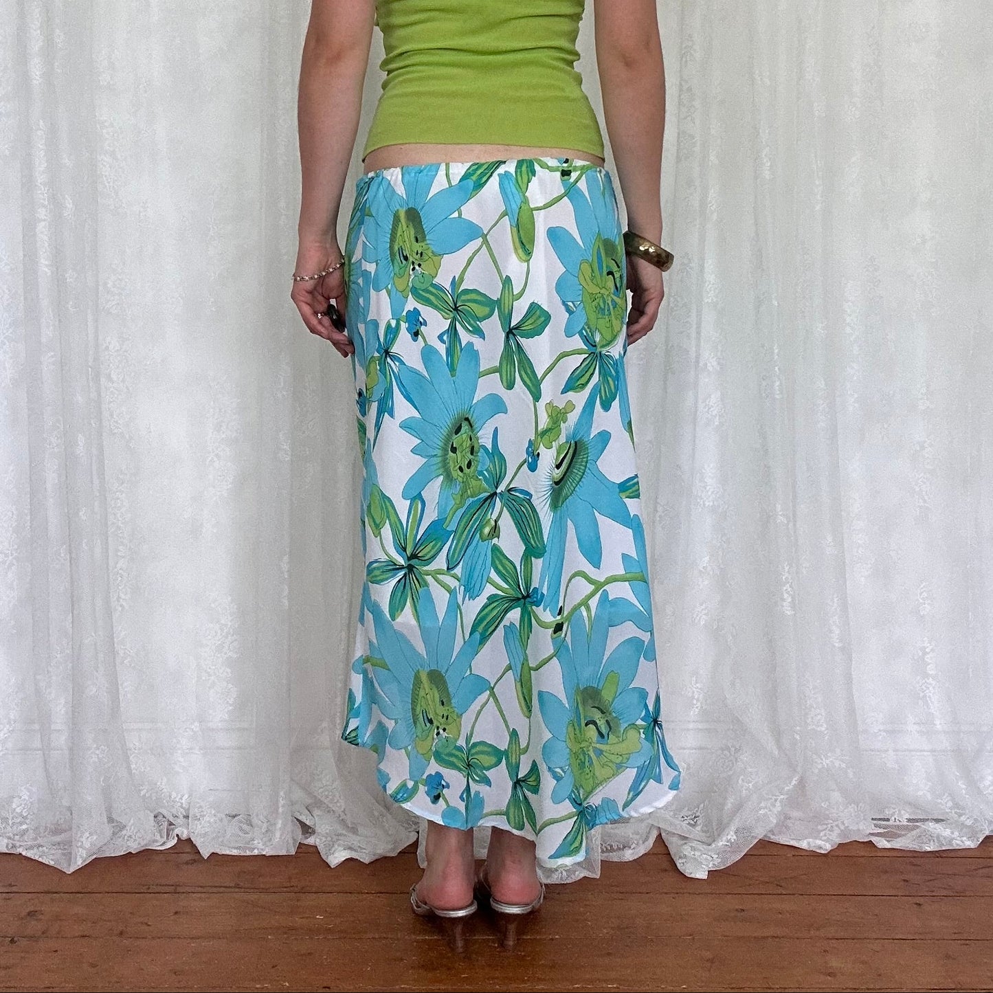 vintage 00s white and blue floral mesh midi skirt
