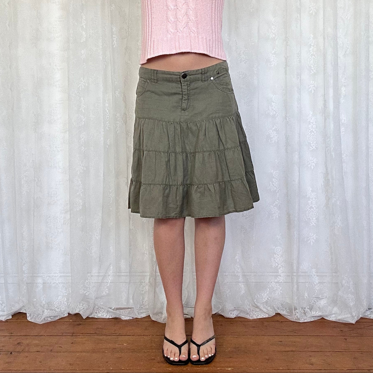 vintage 00s khaki tiered midi skirt