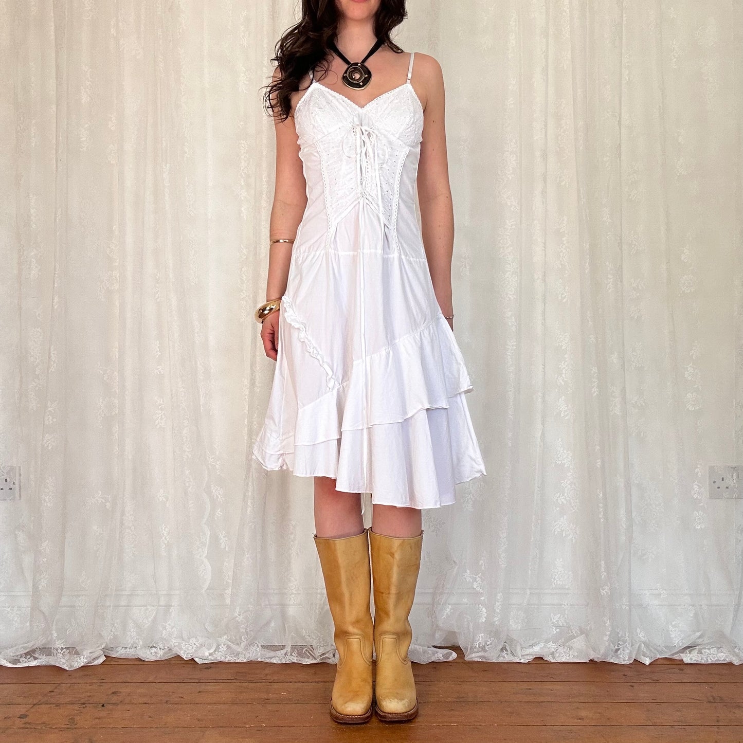 vintage 00s white broderie tie up front midi dress
