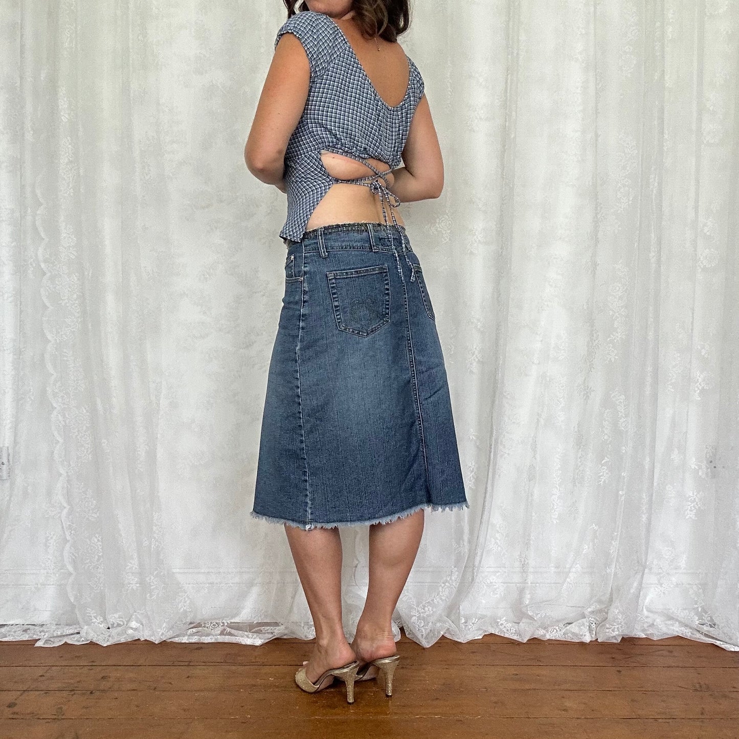 vintage 00s pimkie blue checkered tie back milkmaid top
