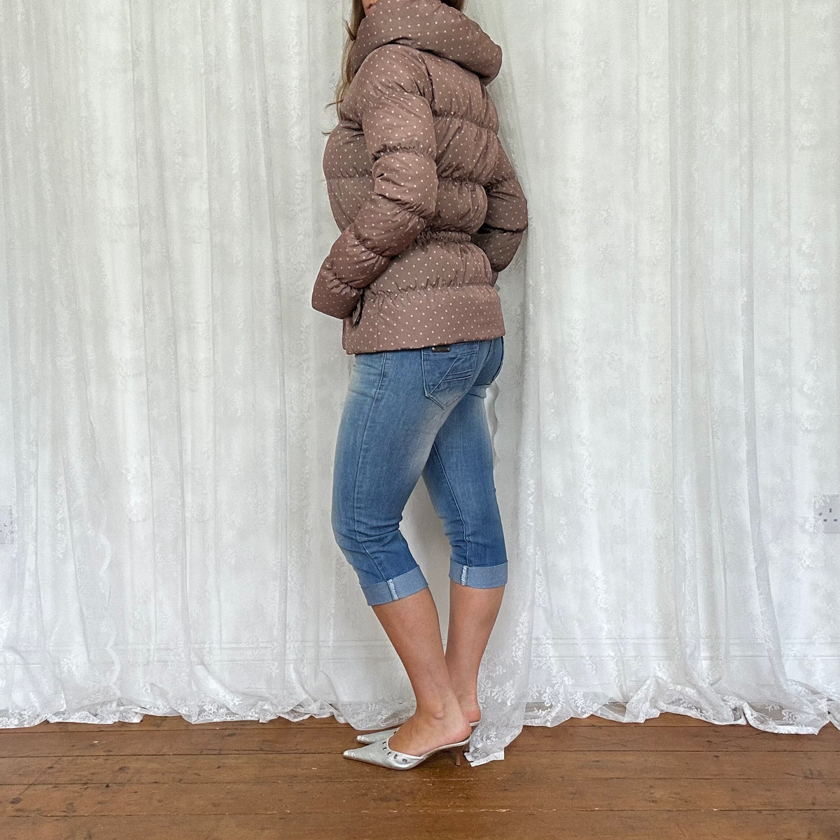vintage 00s brown and pink polka dot puffer jacket