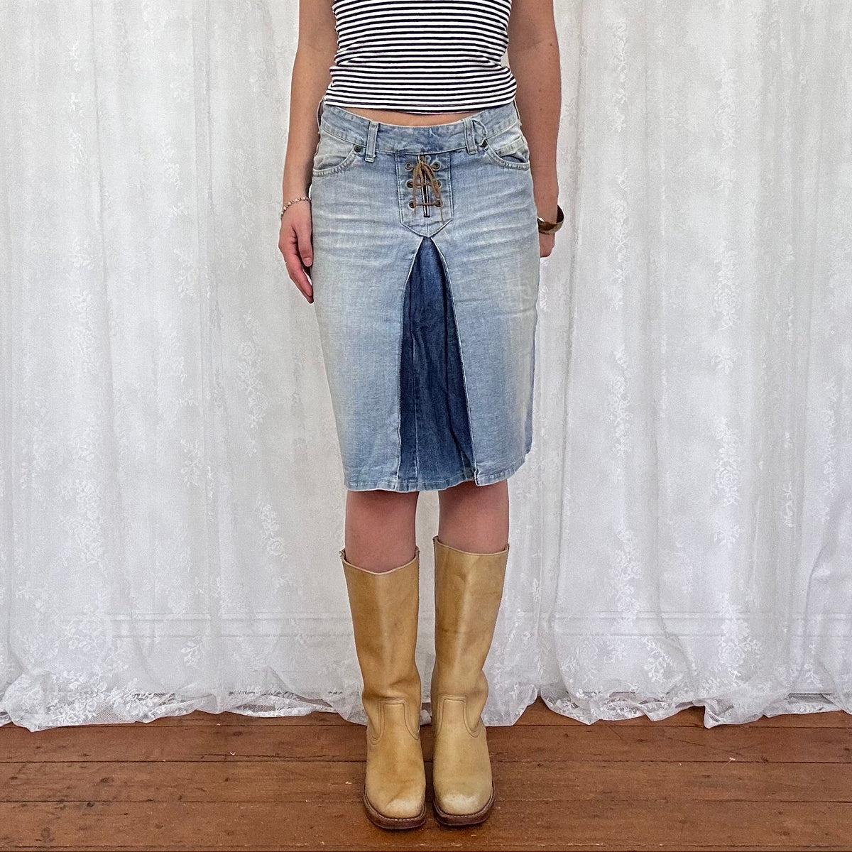 vintage 00s denim lace up midi skirt