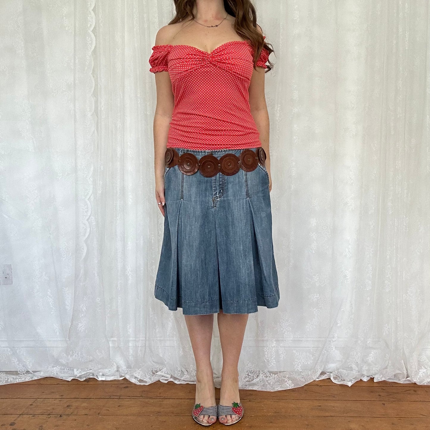 vintage 00s red polka dot sweetheart neckline top