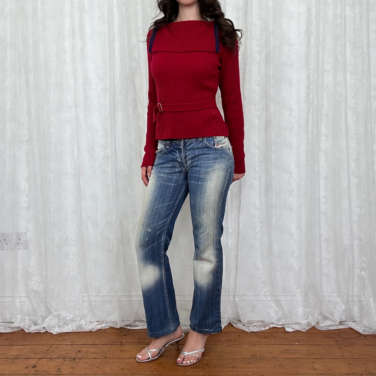vintage 00s red foldover collar jumper with belt