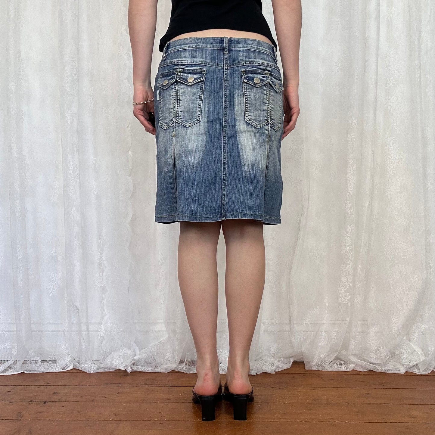 vintage 00s dual pocket washed denim midi skirt