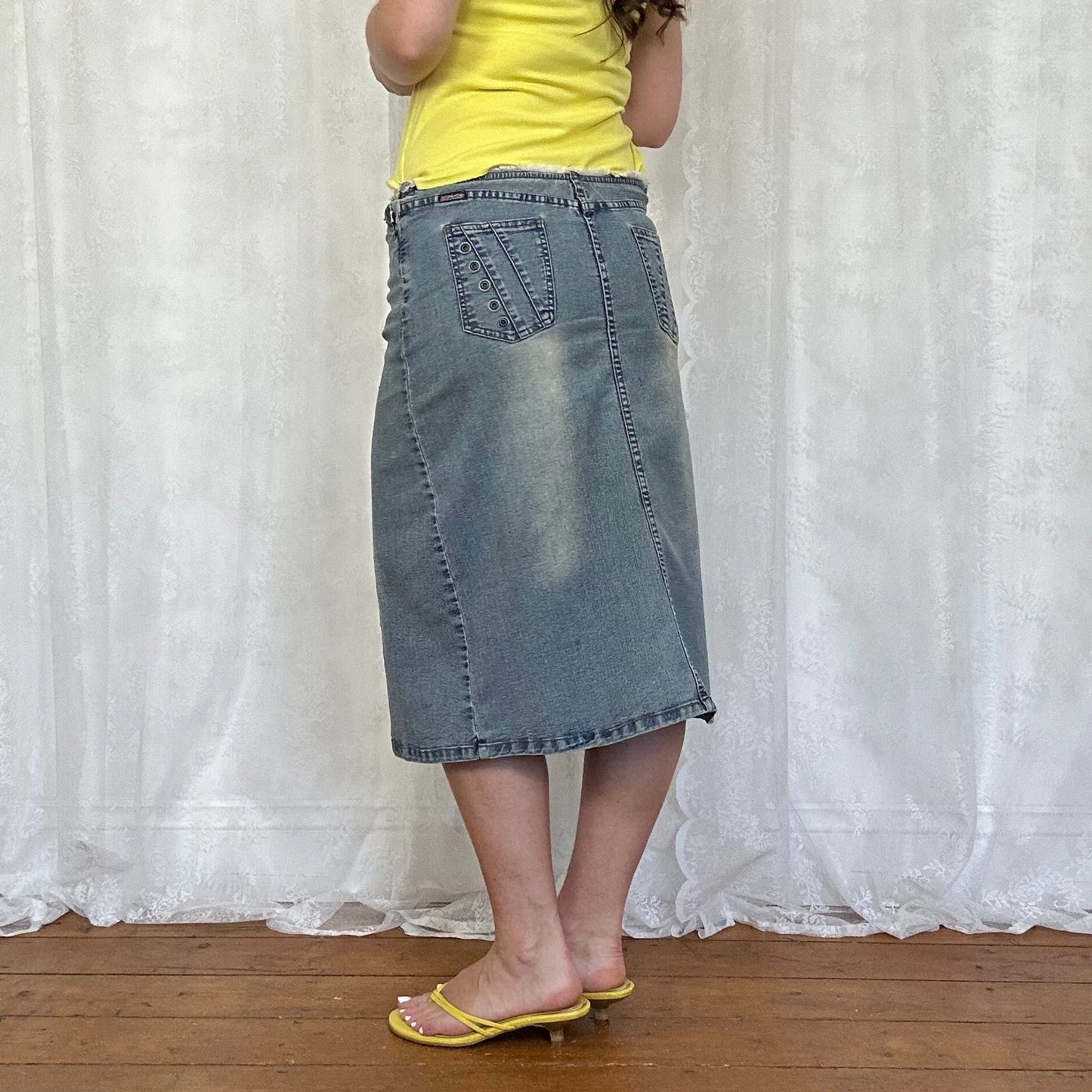 vintage 00s denim tie front midi skirt