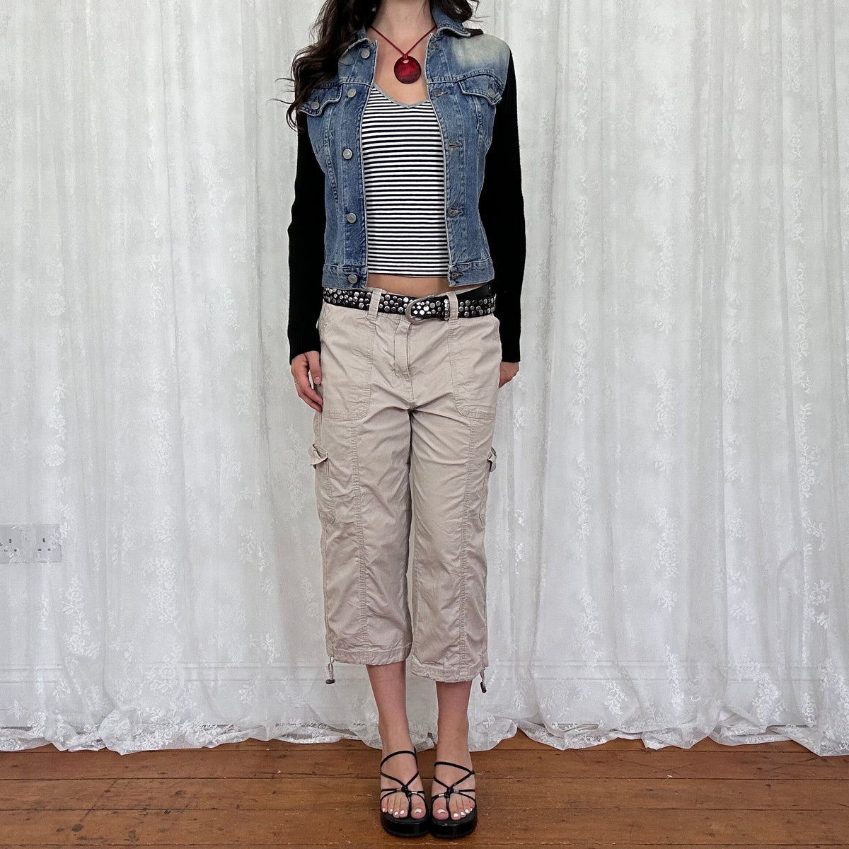 vintage 00s denim and black knitted button up jumper