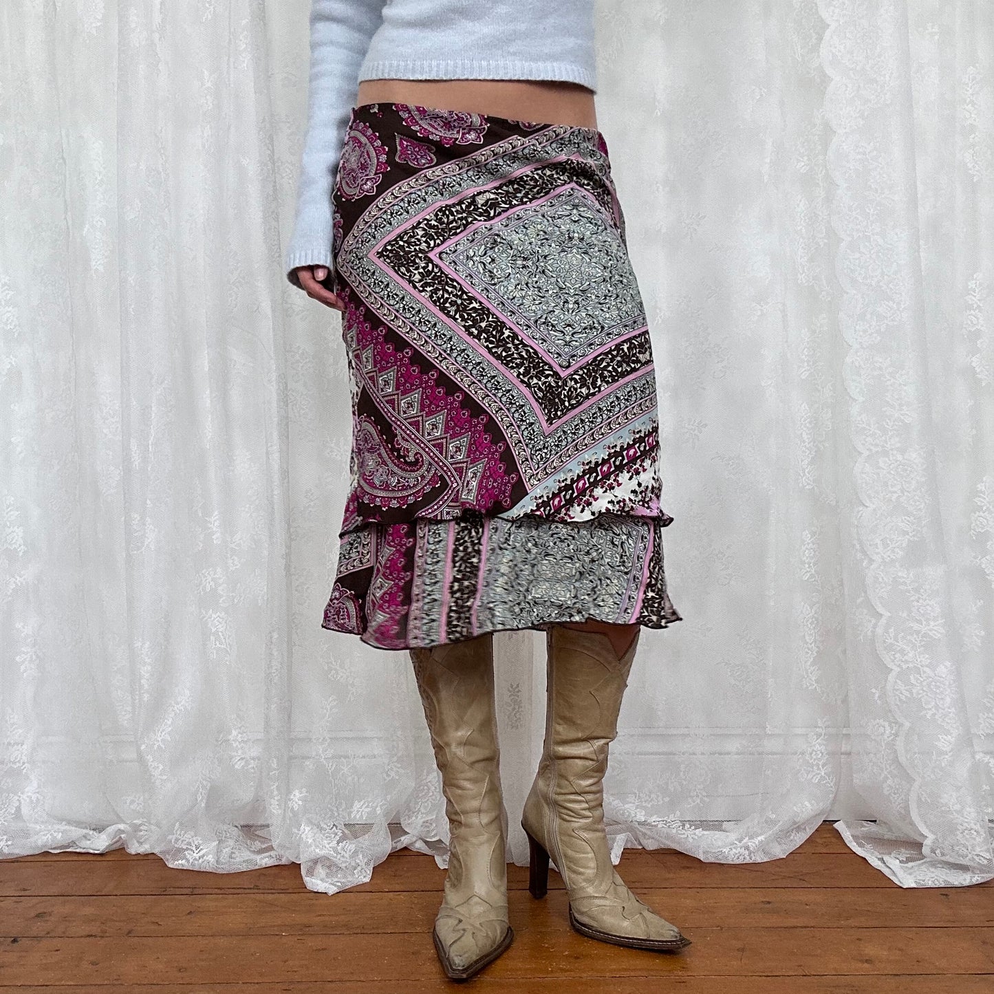 vintage 00s brown and purple paisley print midi skirt