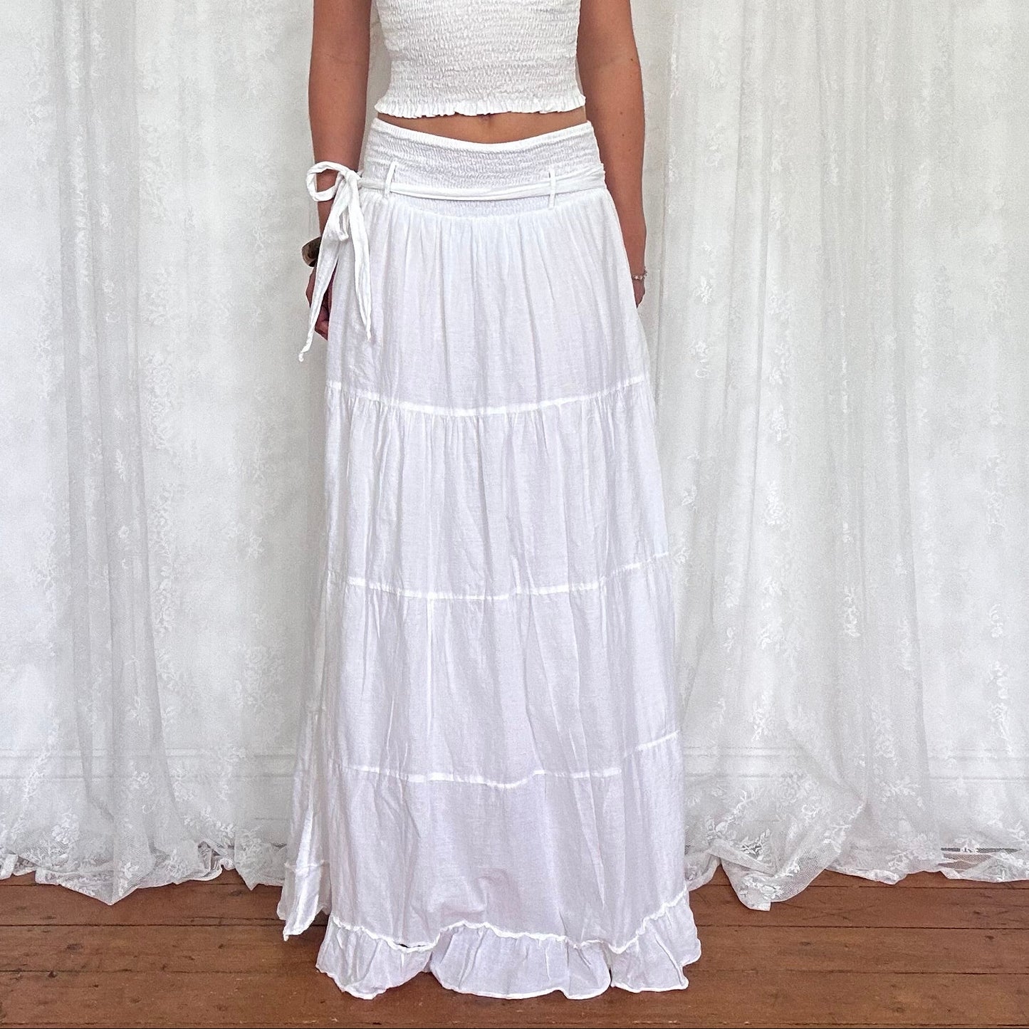 vintage 00s white tiered maxi skirt with attached belt